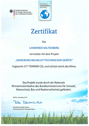 Zertifikat - Sanierung Raumlufttechnischer Geraete Landkreis