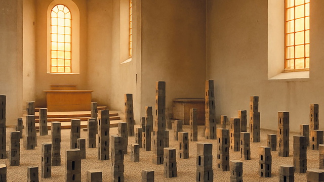 Teil der Ausstellung vor Kirchenfenster