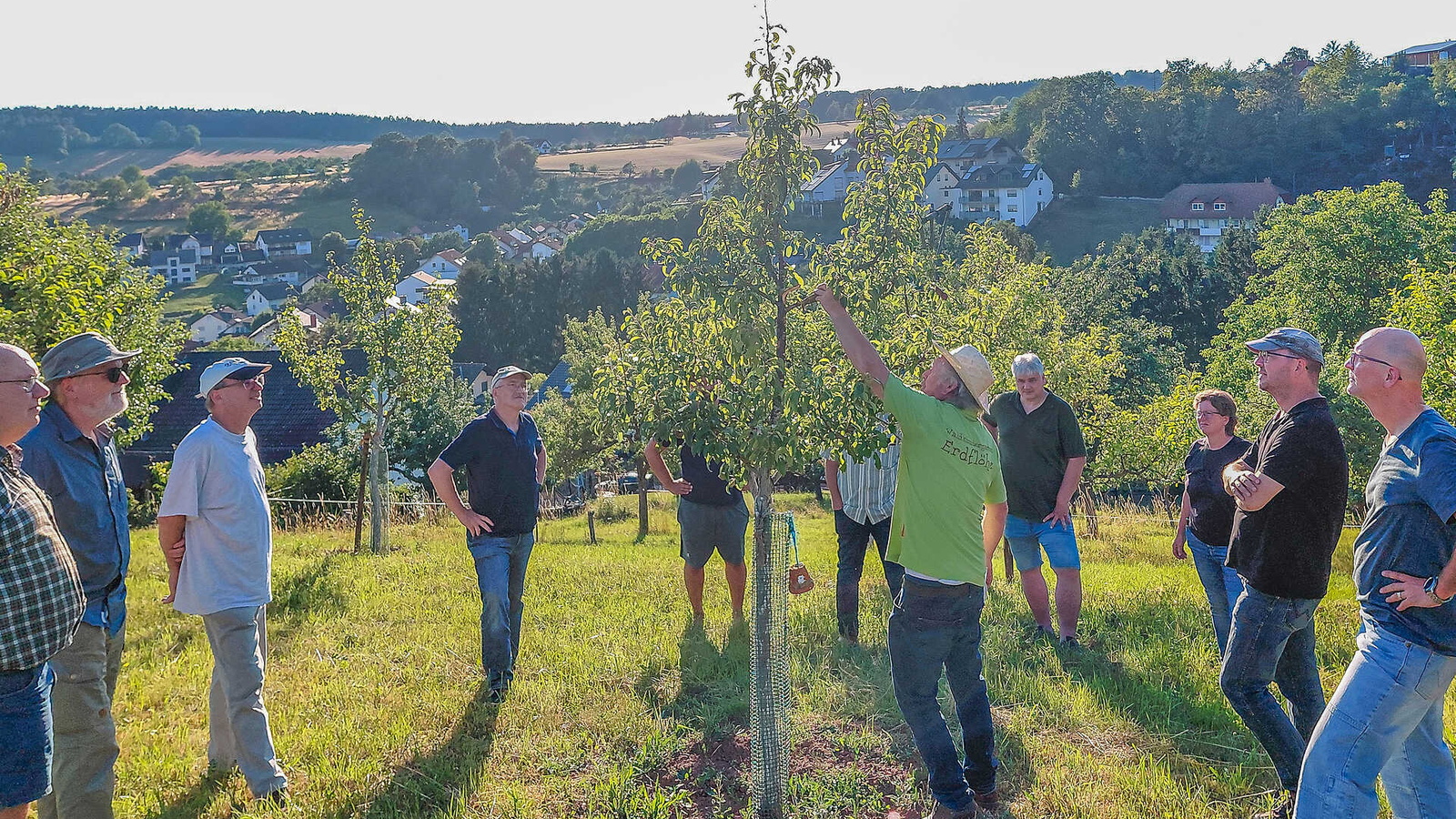Teilnehmende lassen sich an einem Streuobstbaum etwas erklären