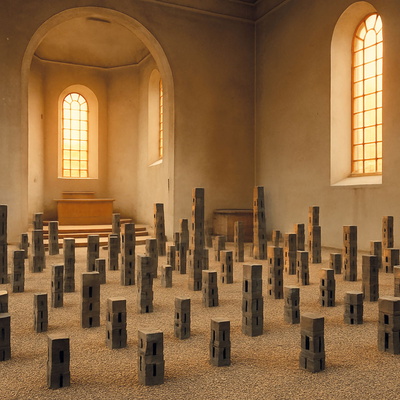 Teil der Ausstellung vor Kirchenfenster