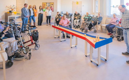 Bewohnerinnen und Bewohner mit der Holzkugelbahn