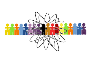 Symbolik Menschen als Puzzleteile in einer Reihe miteinader vernetzt