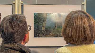 Zwei Personen schauen sich gerade ein Bild der Ausstellung an.