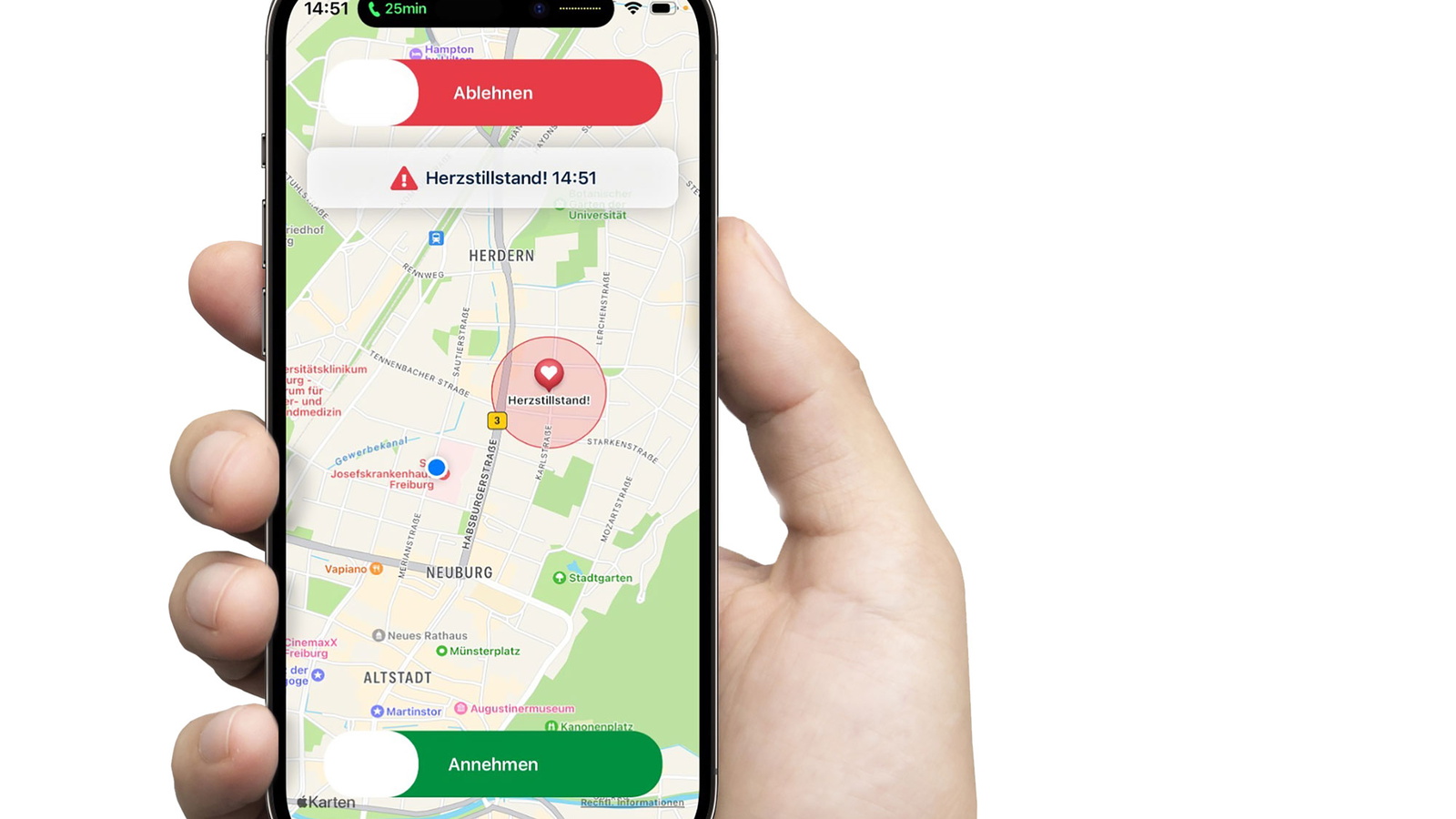 Foto der geöffnenten Lebensretter-App auf dem Smartphone