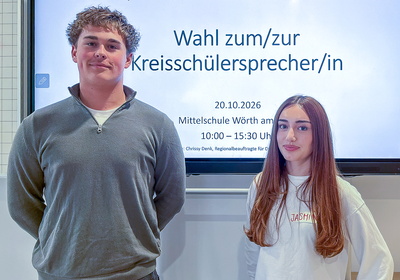Junge und Mädchen vor Präsentationsbildschirm