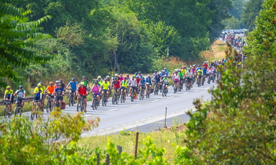 Große Gruppe Radfahrer auf Straße