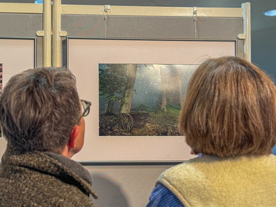 Zwei Personen schauen sich gerade ein Bild der Ausstellung an.